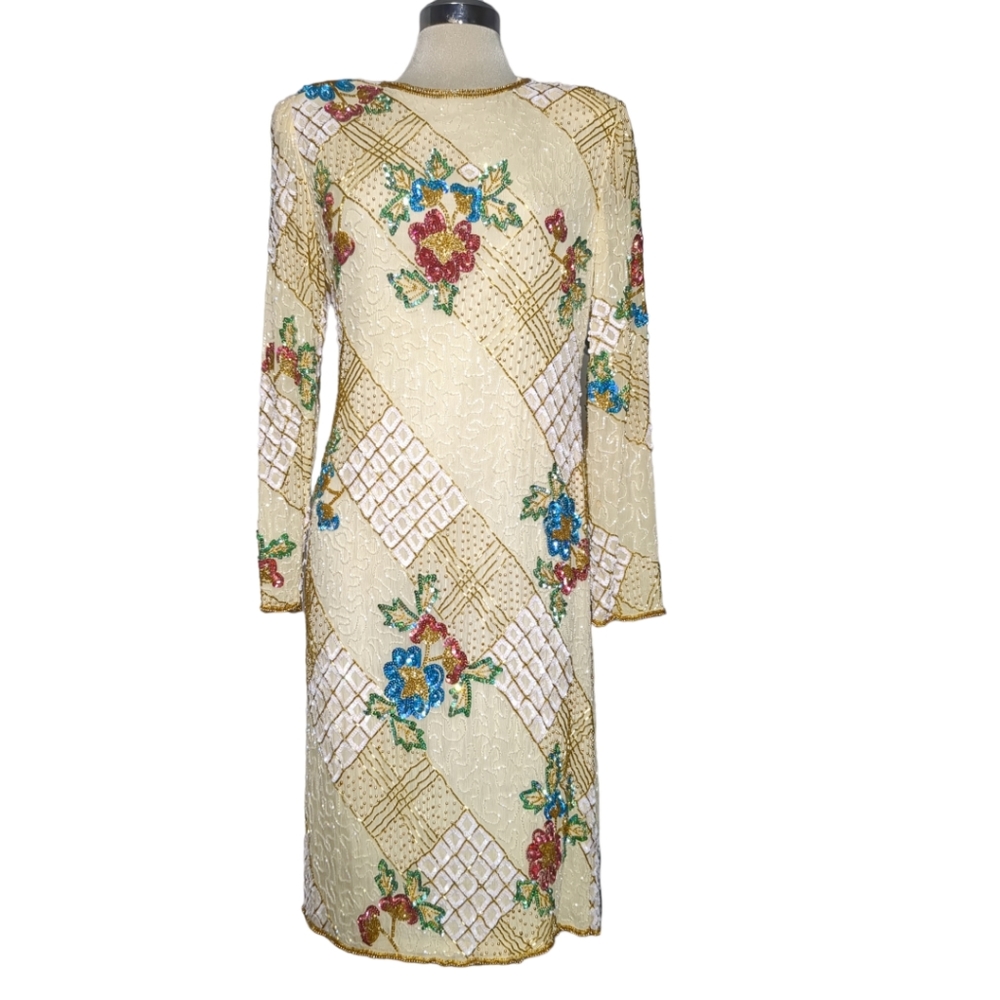 Gorgeous 100% SilkBeige embroidered midi long sleeve beaded sequins dress Size M